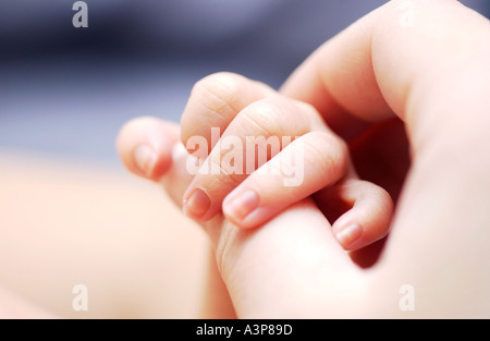 Tiny babys fingers holding onto adults hand Stock Photo