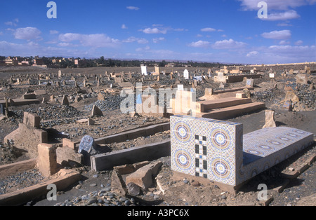 Muslim cemetery showing new grave decorated with Zelige tiles in Jebel Erfoud southern Morocco Stock Photo