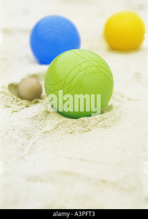 Petanque balls in sand Stock Photo