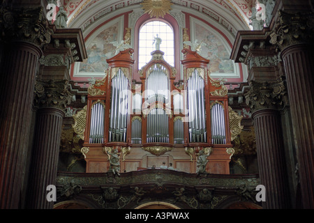 Organs in the Parish Church of St. Stanislaw in Poznan, Poland Stock Photo