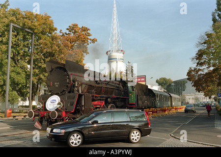 Steam locomotive at the World Trade Center in Poznan, Poland Stock Photo