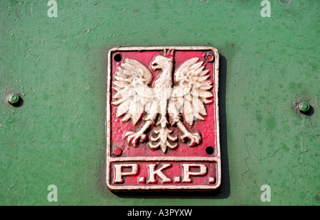 Polish national coat of arms on a steam locomotive, Poznan, Poland Stock Photo