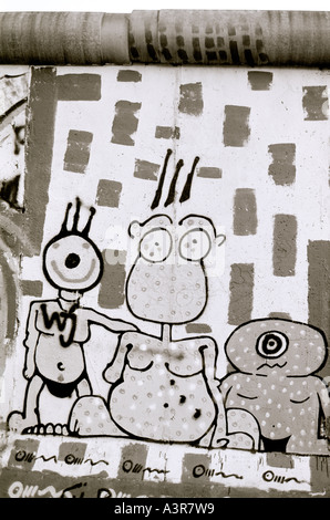 European History. Humour fun graffiti on the historical Berlin Wall in West Berlin in Germany in Europe during the Cold War. Cartoon Stock Photo
