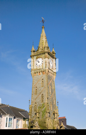 Clock Tower 1872 in town centre top section against blue sky Formerly Castlereagh Memorial Clock Machynlleth Powys Mid Wales Stock Photo