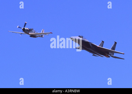 Boeing F-15C Eagle & P-51D Mustang displaying at Fairford RIAT Stock Photo