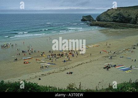 Elevated view of a surfing contest on Portreath beach, Cornwall, UK Stock Photo