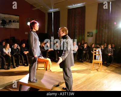 Theatre Powys actors performing play to pupils in Ysgol Bro Ddyfi secondary school machynlleth wales UK Stock Photo