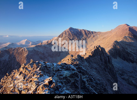 Mt Snowdon from Crib Goch on the Snowdon Horseshoe ridge walk Winter Snowdonia National Park Wales Stock Photo