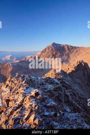 Mt Snowdon from Crib Goch on the Snowdon Horseshoe ridge walk Winter Snowdonia National Park Wales Stock Photo