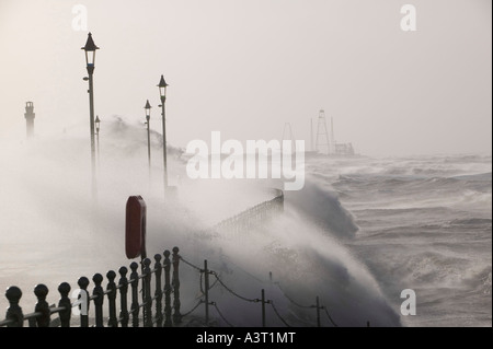 A severe storm hitting Blacvkpool seafront, the storm on the 18th Jan 2007 swept across England killing 13 people Stock Photo