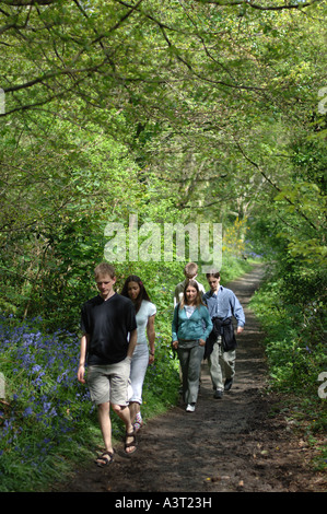 Five young people walking on footpath through Penglais nature park Aberystwyth Ceredigion west wales springtime Stock Photo