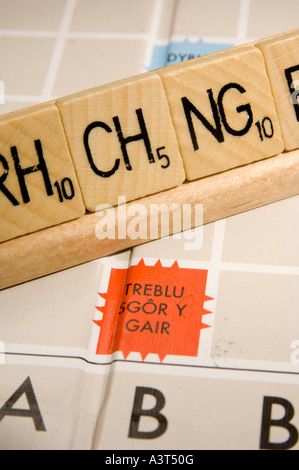 WELSH language version of scrabble word board game showing double letter tiles (digraphs) Stock Photo
