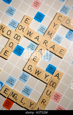 A WELSH language version of scrabble word board game showing the distinctive welsh double letter sounds (digraphs) Stock Photo