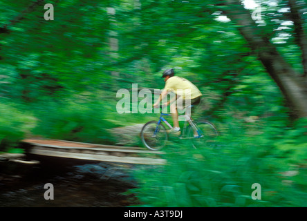 A mountain biker is a blur of motion as he crosses a bridge over a river near Marquette Michigan Stock Photo