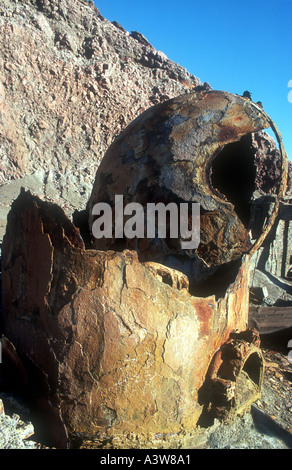 A badly corroded boiler from the long abandoned sulphur factory on White Island Bay of Plenty North Island New Zealand Stock Photo