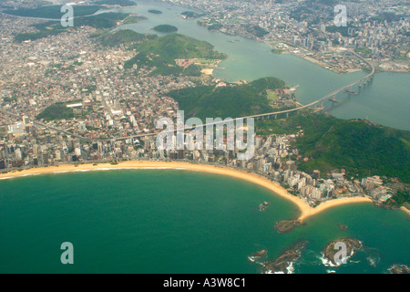 Aerial view of Costa beach in Vila Velha and the Third Bridge road connection to Vitoria Espirito Santo southeast Brazil