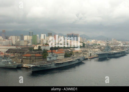 Two brazilian Navy aircraft carrier ships docked at Rio de Janeiro s main port in a stormy day, Rio de Janeiro, Brazil Stock Photo