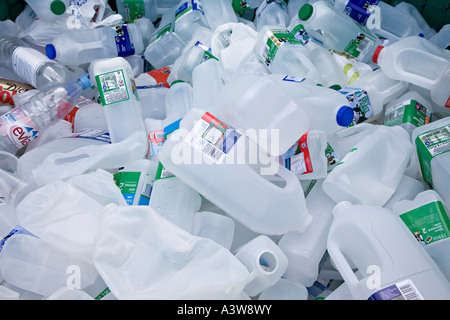 Plastic bottles in recycling bank Wales UK Stock Photo