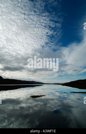 Sun going down over Loch Assynt Sutherland Scotland UK GB EU Europe Stock Photo