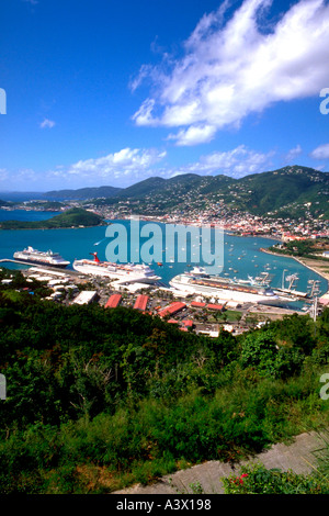 Cliff top view of a seaport and cruise ships. St Thomas US Virgin Islands West Indies Caribbean Sea Stock Photo