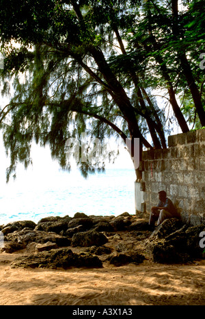 Man resting in shade along tropical sea shore. Barbados Island West Indies Atlantic Ocean Stock Photo