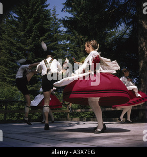 geography / travel, Germany, Bavaria, tradition / folklore, festivity in Upper Bavaria, Bavarian folk dance, performance, men and women in traditional dress dancing, Stock Photo