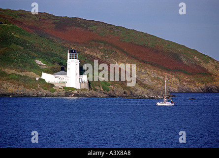 Lighthouse on 'St Anthonys Head' near St Mawes Cornwall England UK viewed from Falmouth Stock Photo