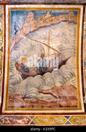 Rhodes Greece Thari Monastery Fresco Storm On The Sea Of Galilee Two Christs In Boat One Asleep One Awake Fresco 1300-1450 Stock Photo
