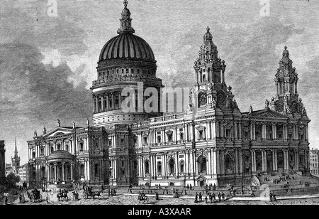 geography / travel, Great Britain, London, churches, cathedral Saint Paul, built 1675 - 1708, designed by Christopher Wren, exterior view, engraving, 1893, historic, historical, 19th century, Europe, England, UK, United Kingdom, church, cupola, dome, Pauls, Paul`s, St, people, Stock Photo
