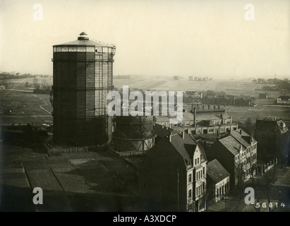 energy, gas, gasometer, built for municipal gas works Buer 1922, photography, March 1923, historic, historical, Europe, Germany, 1920s, 20s, 20th century, holder, supply, Gelsenkirchen, landscape, landscapes, geography / travel, Ruhr Area, Stock Photo