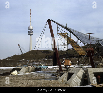 geography / travel, Germany, Bavaria, Munich, buildings, Olympic stadium and television tower, historic, historical, Europe, 20th century, architecture, construction site, work, Olympic games 1972, Stock Photo