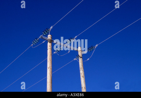 Electrical power transmission; high voltage electricity cables, glass insulators, timber & galvanised steel pylon, rural England Stock Photo