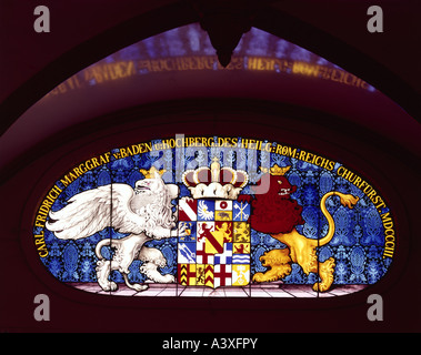 heraldry, coat of arms, Germany, Baden electors, coat of arms of elector Charles Frederick 1803, glass painting, circa 1850, upper floor, new palace, Bade-Baden, historic, historical, Zähringen, Zaehringen, Zahringen, shield, crown, griffon, lion, fine arts, margrave, Hohenberg, 19th century, Karl Friedrich, Stock Photo