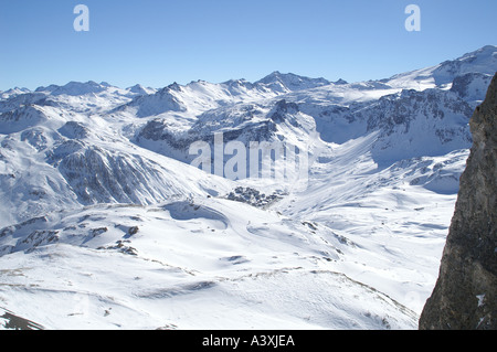 Val Claret and Grande Motte Espace Killy Savoie from the Aiguille Percee landscape Stock Photo