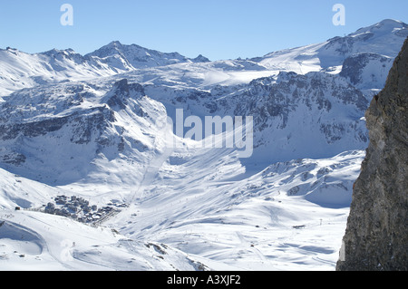 Val Claret and Grande Motte Espace Killy Savoie from the Aiguille Percee portrait Stock Photo
