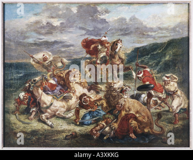 'fine arts, Delacroix, Eugene, (1798 - 1863), painting, 'lion hunt', 1861, oil on canvas, 76 cm x 98 cm, Art Institute, Chicag Stock Photo