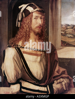 'fine arts, Dürer, Albrecht, (1471 - 1528), painting, 'Selbstbildnis mit Landschaft', ('self-portrait with landscape'), 1498 Stock Photo