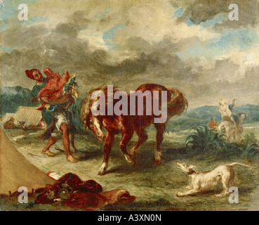 'fine arts, Delacroix, Eugene, (1798 - 1863), painting, 'Moroccan and horse', 1857, oil on canvas, 50 cm x 61,5 cm, Museum of Stock Photo