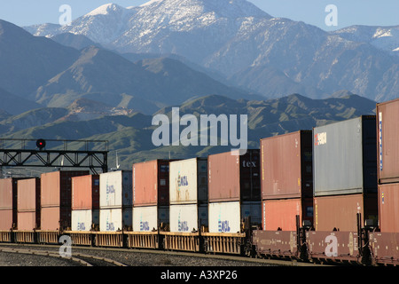 Union Pacific Double Stack Container Train at North Palm Springs Stock Photo