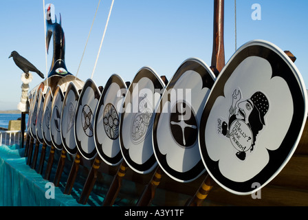 dh Up Helly Aa LERWICK SHETLAND Guizer Jarl Einar of Gullberuviks longship galley shields and raven longboat ship viking boat Stock Photo