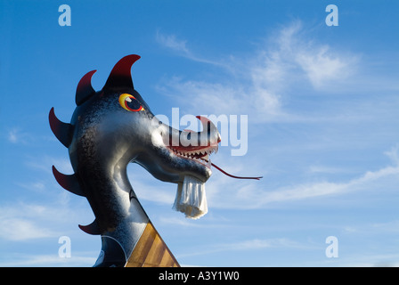 dh Up Helly Aa LERWICK SHETLAND Guizer Jarl Einar of Gullberuviks Viking longship galley prow dragon figurehead ship head Stock Photo