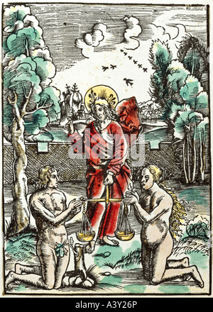 'fine arts, religious art, Adam and Eve, saviour with golden scales, woodcut, coloured, by Hans Schäufelein, illustration from ' Stock Photo