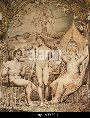'fine arts, religious art, Adam and Eve, 'archangel Raphael warning Adam and Eve of the fruits from the tree of knowledge, pen Stock Photo
