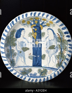 fine arts, religious art, Adam and Eve, ornamental plate, painted, Bristol, circa 1690, National Museum of Ireland, Dublin, Euro Stock Photo