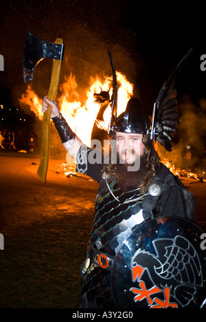 dh Up Helly Aa fire procession LERWICK SHETLAND Jarl Viking longship galley man with beard warrior festival ship axe scotland Stock Photo