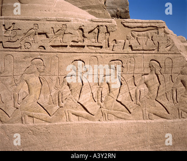 geography / travel, Egypt, Abu Simbel, buildings, thron piedestal, detail, relief, prisoners of war from Syria, erected 13th century BC, , Stock Photo