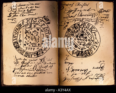 superstition, seal, double page handwritten grimoire, Southern Germany, 19th century, Bavarian National museum, Munich, historic, historical, Europe, esotericism, occultism, magic, book, books, manuscript, prayers, anthems, magic spells, Stock Photo