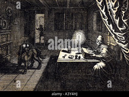 superstition, necromancy, necromancer invoking ghost in form of dog, engraving, by Matthäus Merian the Elder, (1593 - 1650), from 'Chronika', by A.Gottfried, Frankfurt, 1674, private collection, Artist's Copyright has not to be cleared