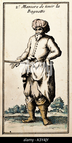 superstition, the three methods to hold a divining rod, usage after Roger, colour engraving, from 'La physique occulte', by abbé de Vallemont, Den Haag, 1762, private collection, , Artist's Copyright has not to be cleared Stock Photo
