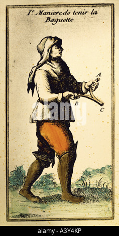superstition, the three methods to hold a divining rod, classic usage, colour engraving, from 'La physique occulte', by abbé de Vallemont, Den Haag, 1762, private collection, Artist's Copyright has not to be cleared Stock Photo
